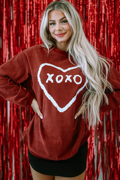 Racing Red XOXO Heart Shape Graphic Corded Sweatshirt