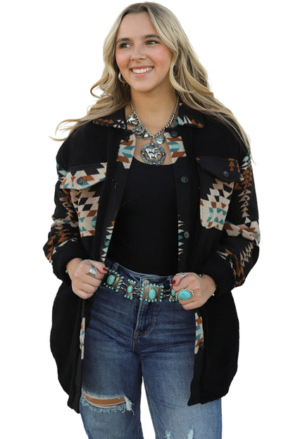 Black Western Aztec Print Accent Fleece Shacket