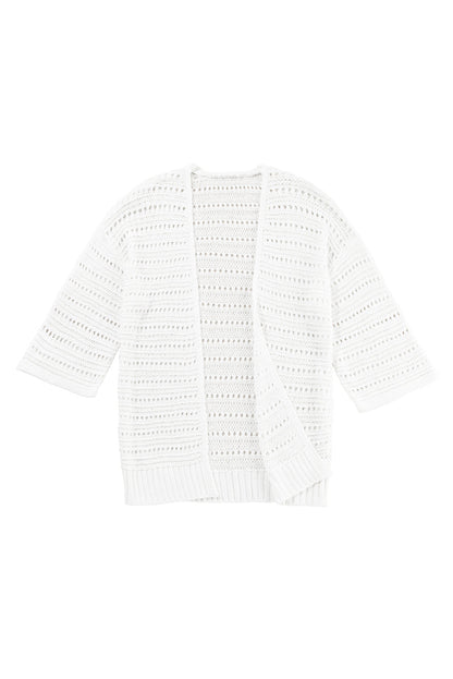 White Pointelle Knit Bracelet Sleeve Open Cardigan