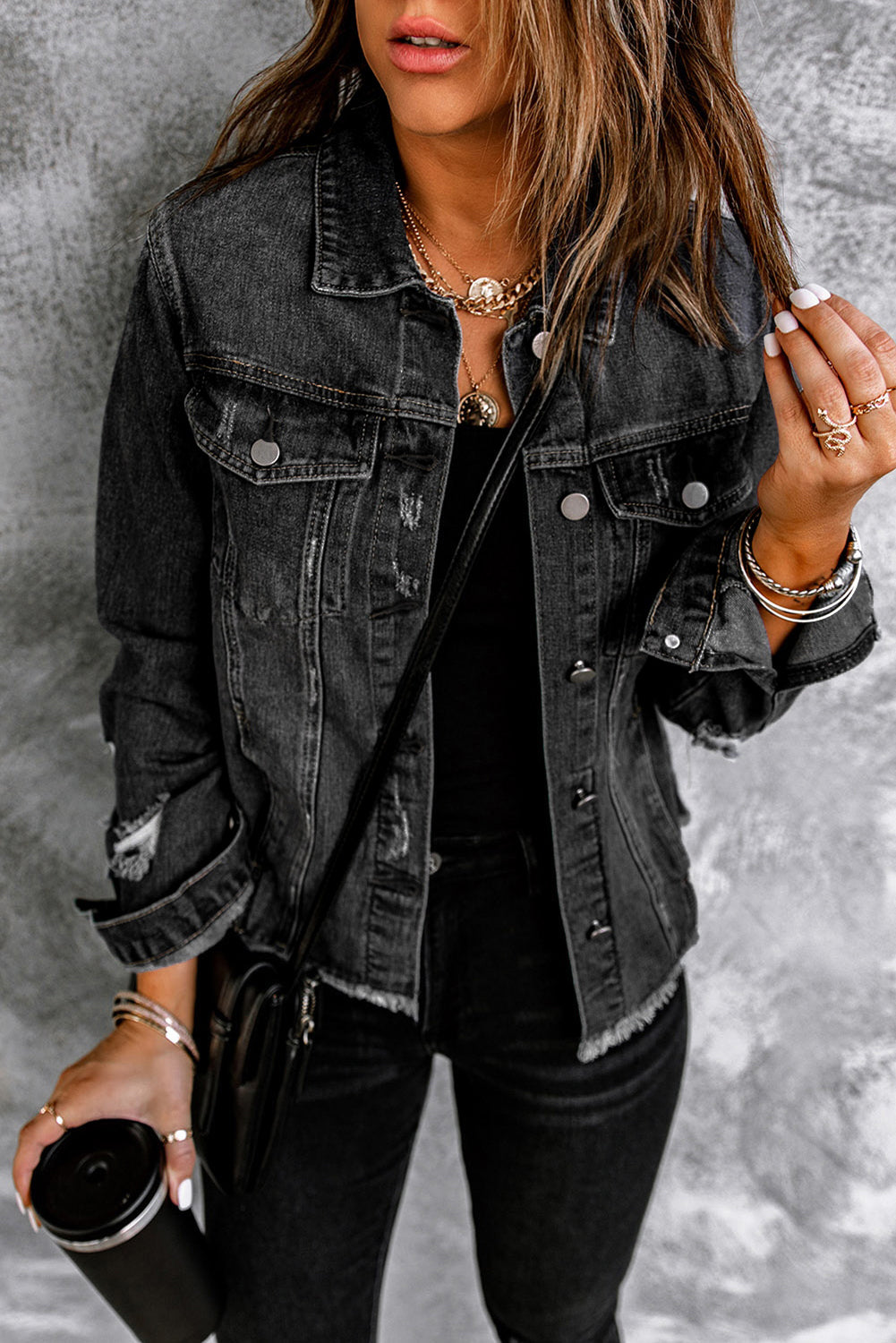 Black Lapel Distressed Raw Hem Buttons Denim Jacket