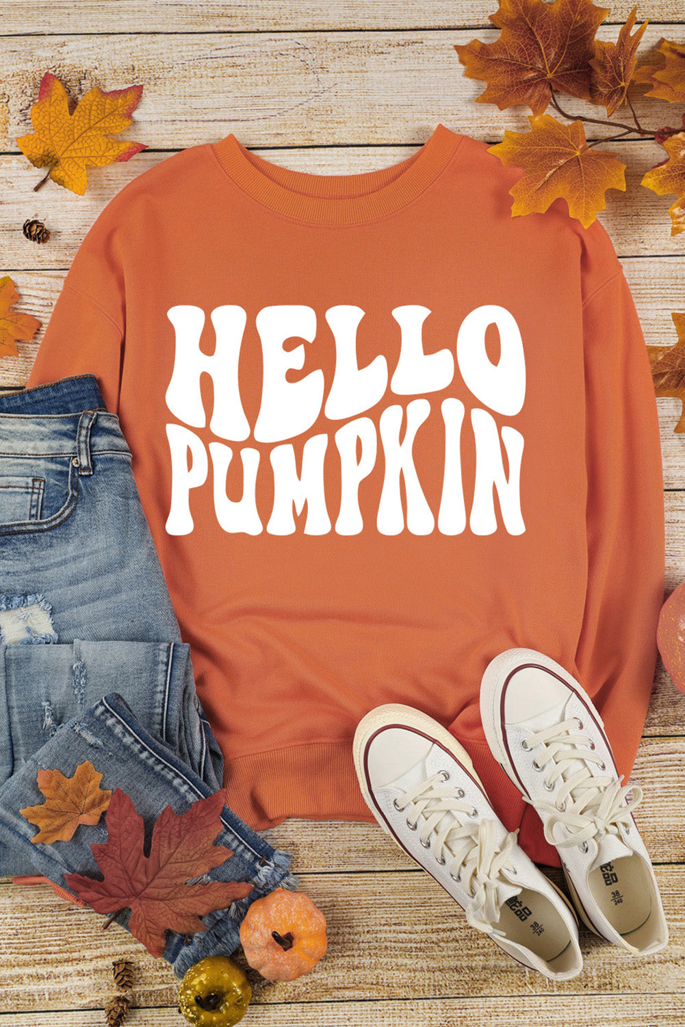 Orange Hello Pumpkin Graphic Drop Shoulder Halloween Sweatshirt