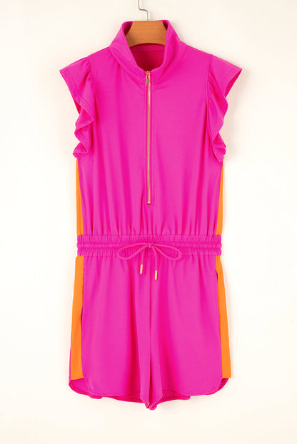 Rose Red Half Zip Ruffle Sleeve Drawstring Romper