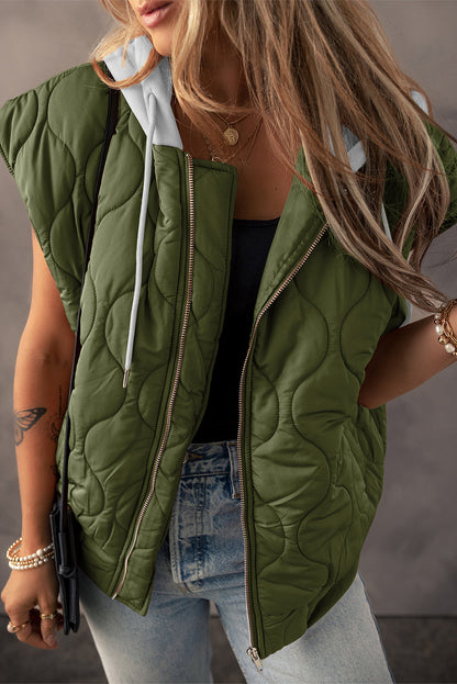 Jungle Green Quilted Drawstring Hooded Zip Up Puffer Vest