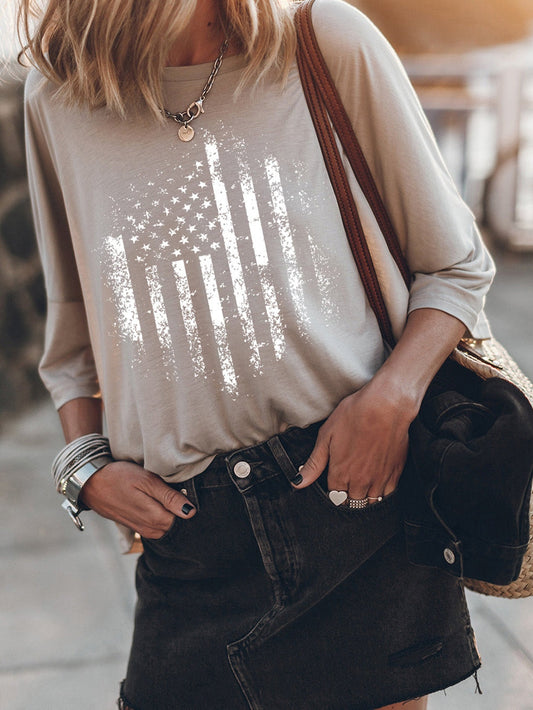 American Flag Print Gray Loose Fit 3/4 Sleeve Top