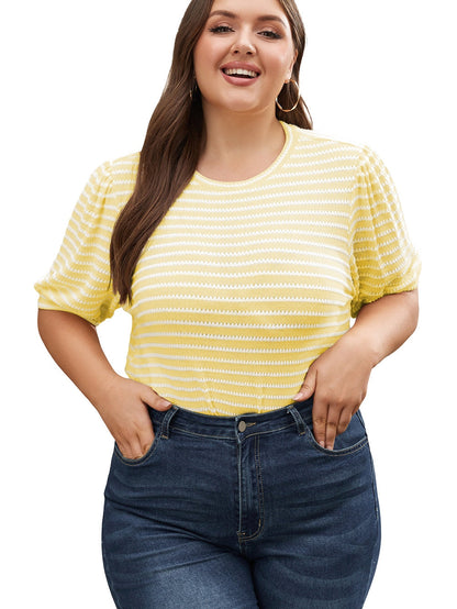 Yellow Stripe Short Puff Sleeve Plus Size Jumper