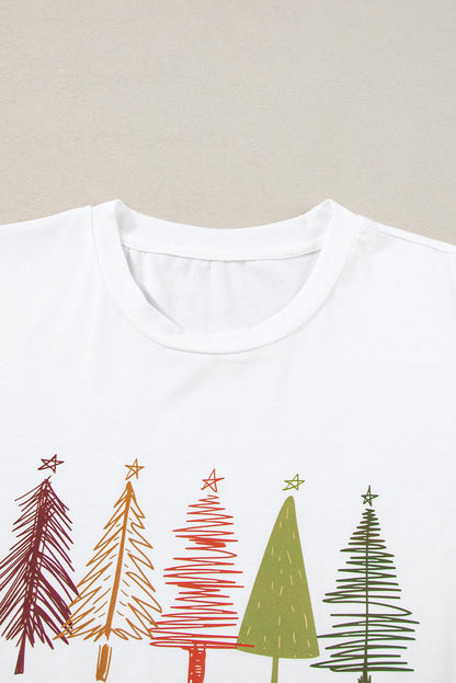 White Cute Christmas Trees Print Crew Neck T Shirt