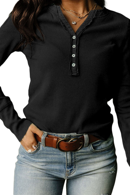 Women's T-Shirts Fashion V-Neck Button Long Sleeve T-Shirt