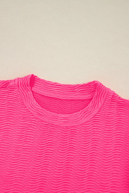 Strawberry Pink Solid Color Textured Puff Sleeve T Shirt