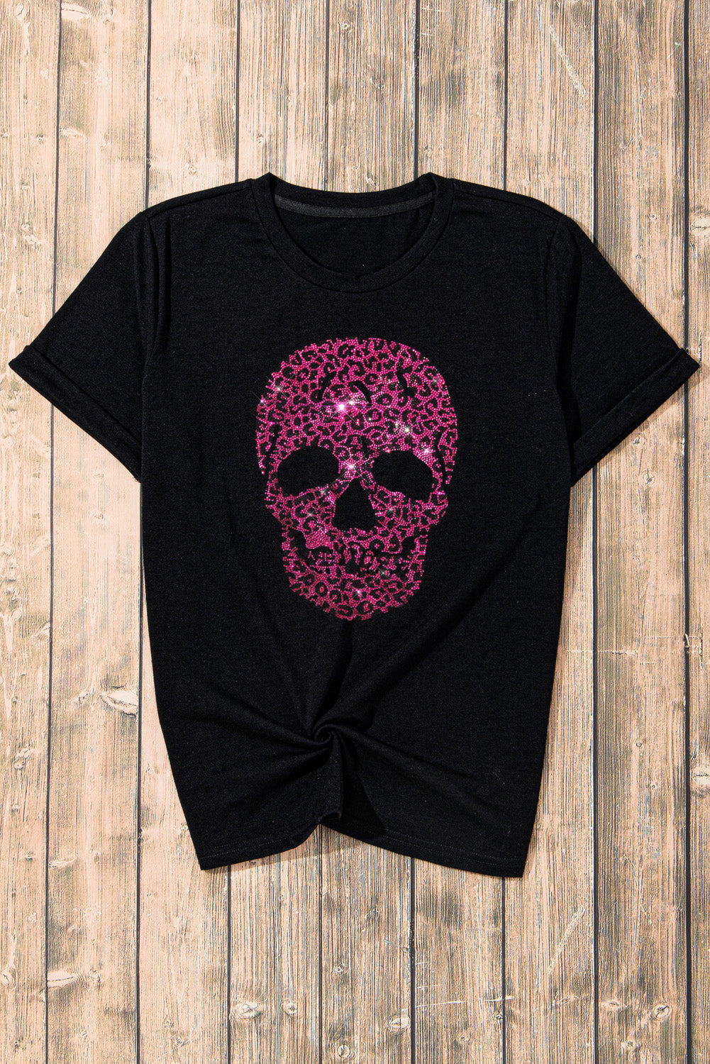 Black Rhinestone Leopard Skull Graphic Crewneck Casual T Shirt