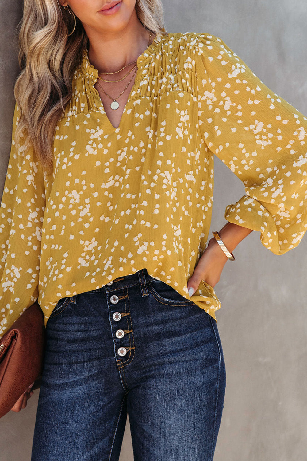 Yellow Floral V-Neck Crinkled Blouse for Early Fall