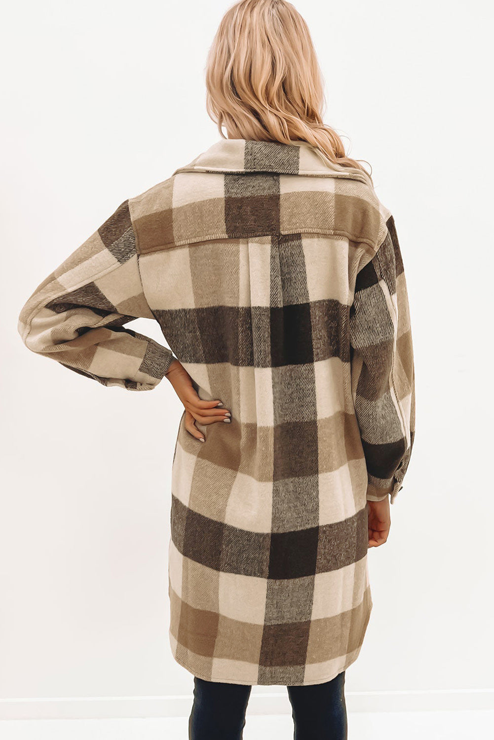 Khaki Plaid Button-Down Flap Pocket Long Shacket