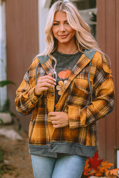 Orange Plaid Patch Hooded Frayed Snap Button Jacket