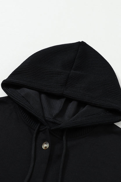 Black Button Up Contrast Knitted Sleeves Hooded Jacket