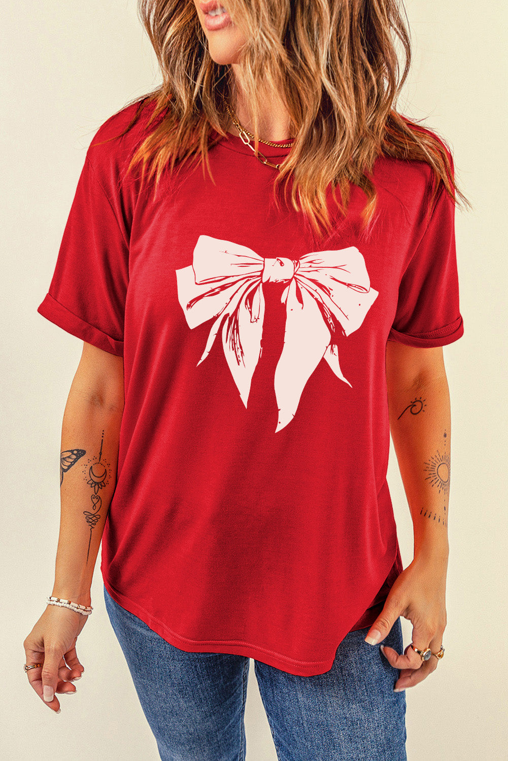 Red Cute Bow Knot Print Crew Neck T Shirt