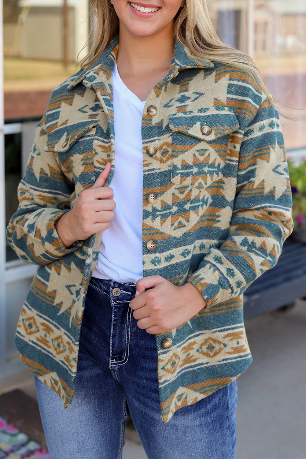 Blue Western Aztec Print Button Flap Pocket Shacket