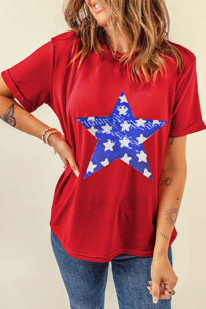 Red Sequin Star Graphic Crewneck T Shirt