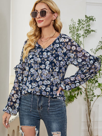 T-Shirts - Long Sleeve Floral Printed Loose Chiffon T-Shirt - MsDressly