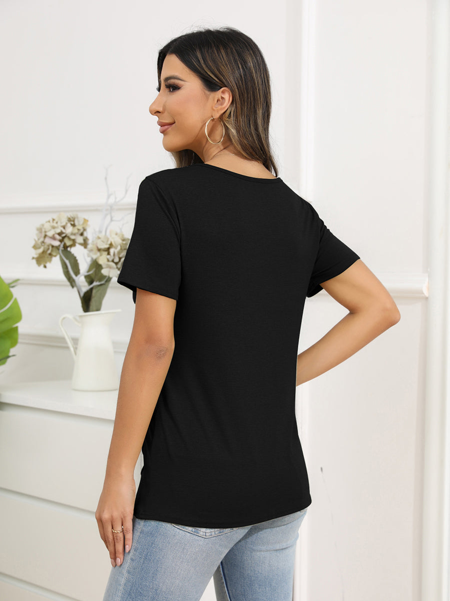 T-Shirts - Irregular Button Short Sleeve Round Neck T-Shirt - MsDressly