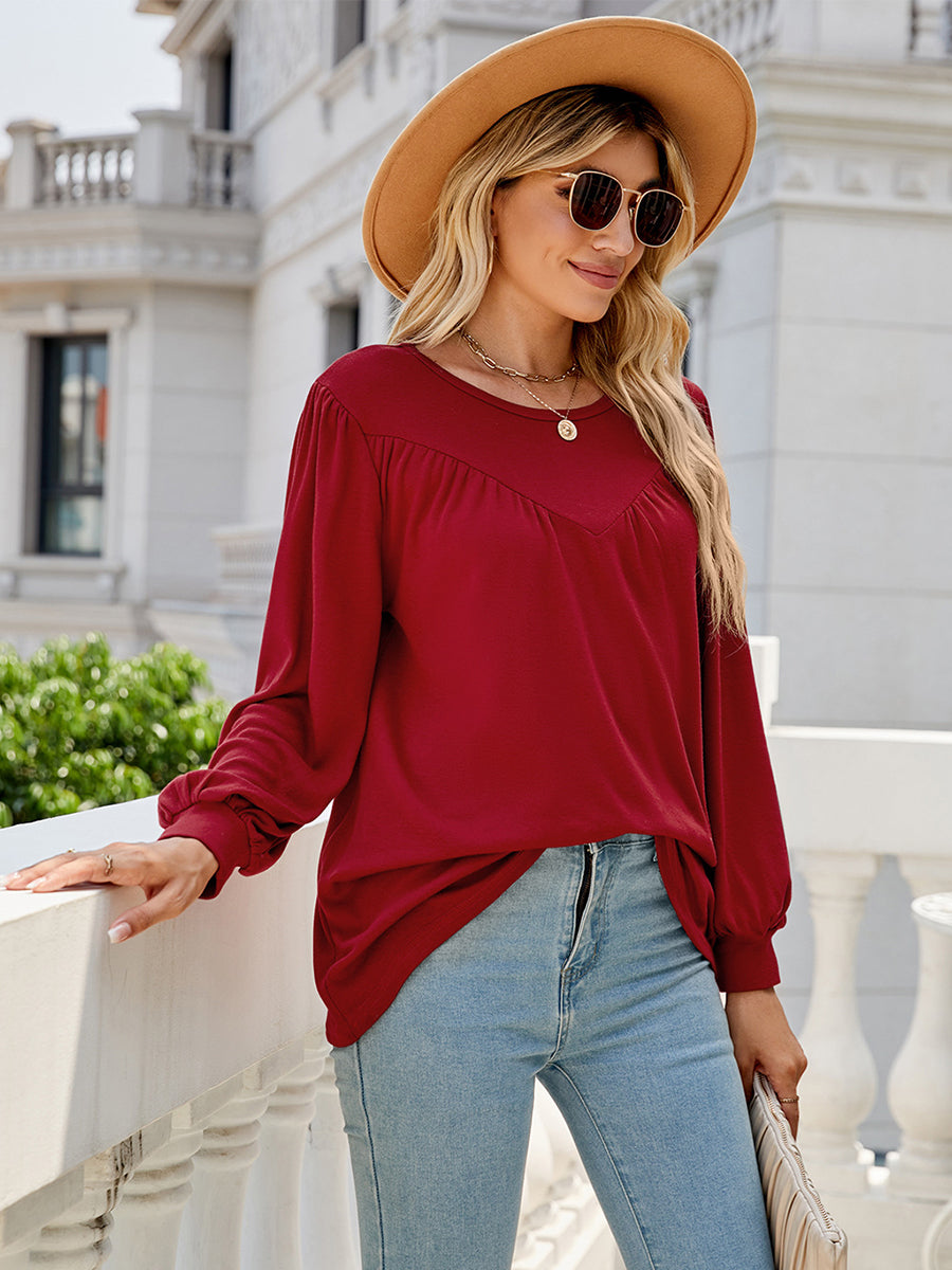 T-Shirts - Lantern Sleeve Round Neck Long Sleeve Casual T-Shirt - MsDressly