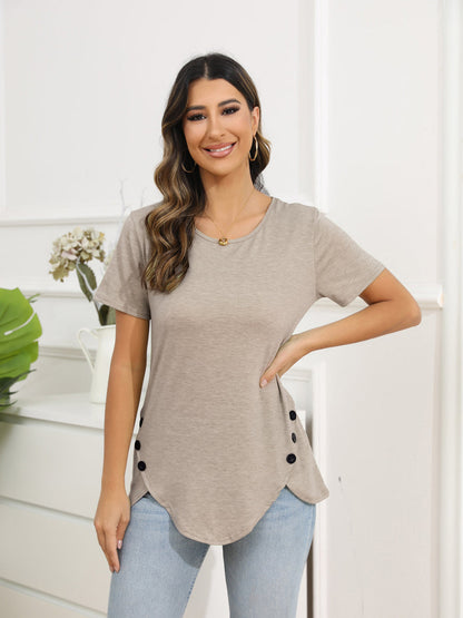 T-Shirts - Irregular Button Short Sleeve Round Neck T-Shirt - MsDressly