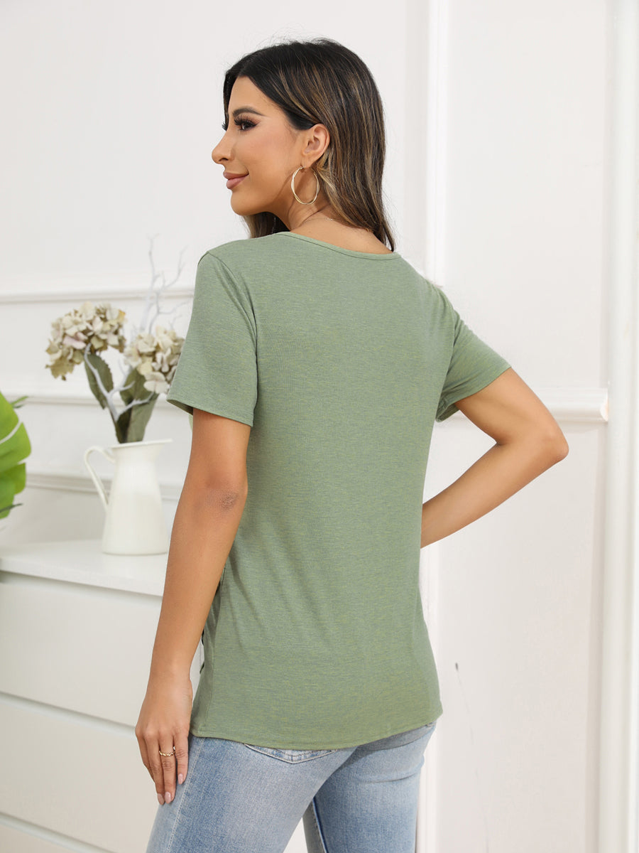 T-Shirts - Irregular Button Short Sleeve Round Neck T-Shirt - MsDressly