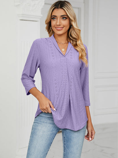 T-Shirts - V-Neck Pleated Casual Loose Medium Sleeve T-Shirt - MsDressly