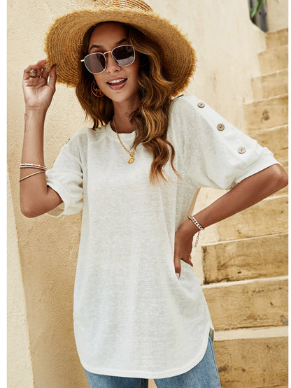 Blouses - Loose Round Neck Button Casual Half-Sleeve T-Shirt - MsDressly