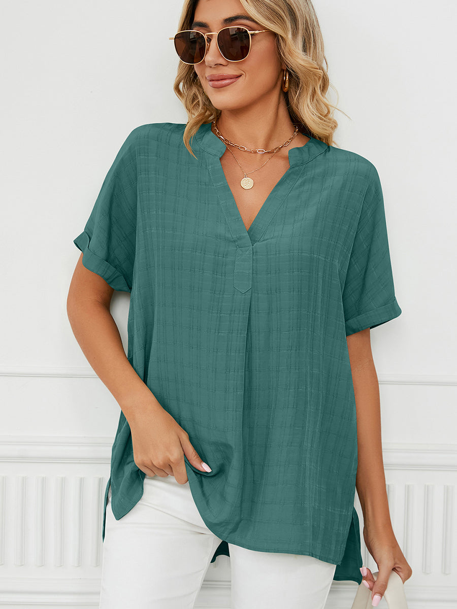 T-Shirts - Solid V-Neck Loose Short Sleeve T-Shirt - MsDressly