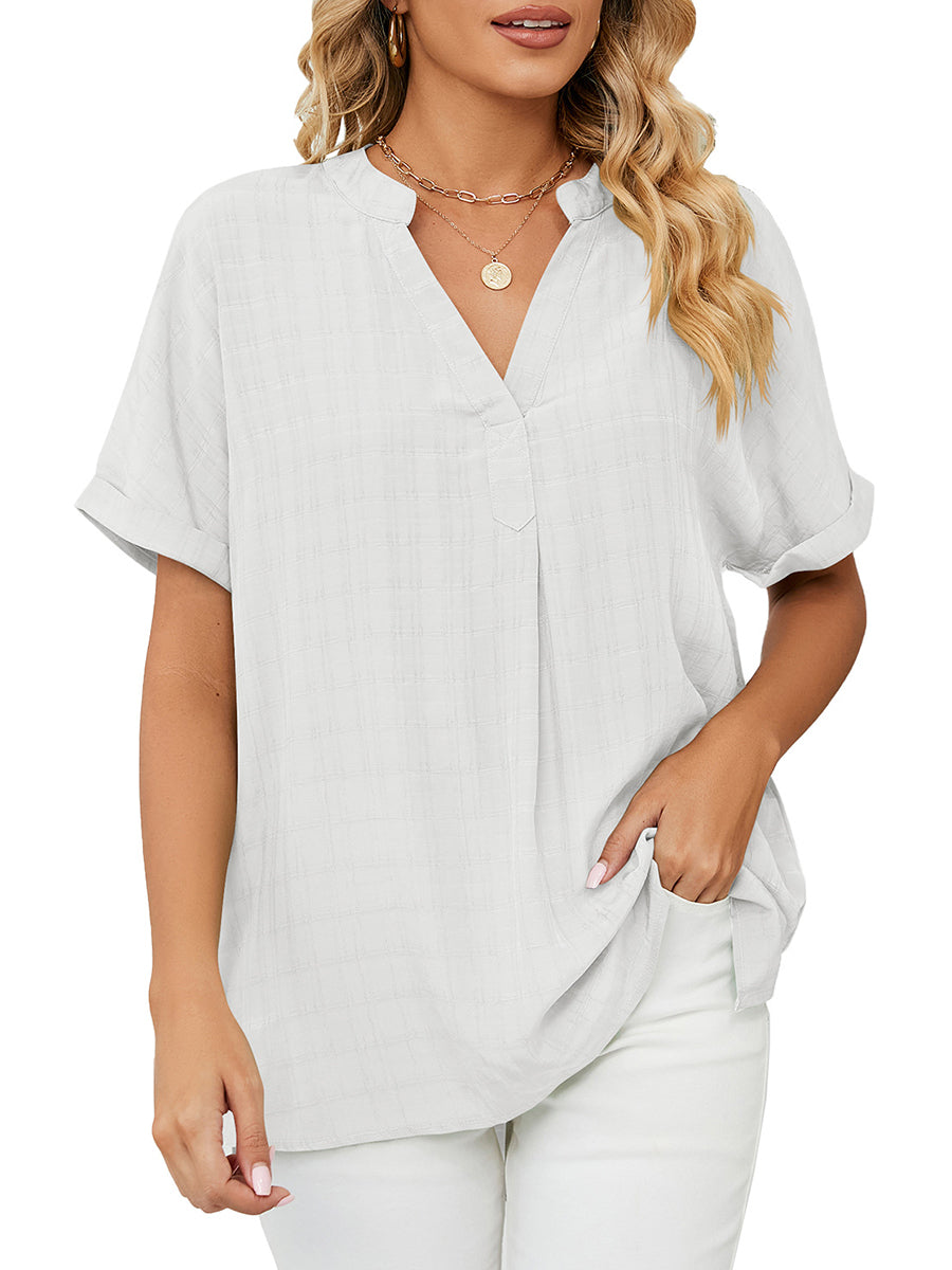 T-Shirts - Solid V-Neck Loose Short Sleeve T-Shirt - MsDressly