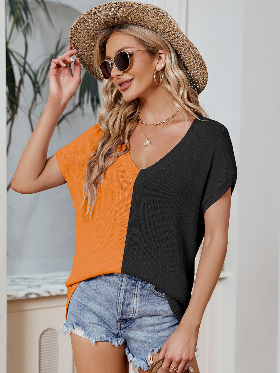 T-Shirts - V-Neck Color Contrast Loose Casual T-Shirt - MsDressly