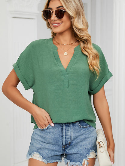 T-Shirts - Solid Color V-Neck Loose Short Sleeve Chiffon T-Shirt - MsDressly