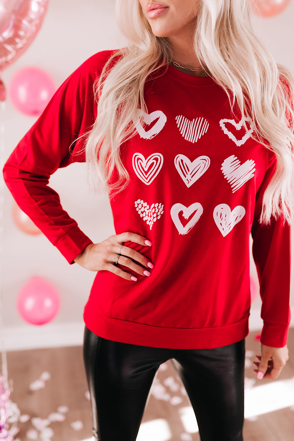 Fiery Red Hearts Print Crewneck Long Sleeve Sweatshirt