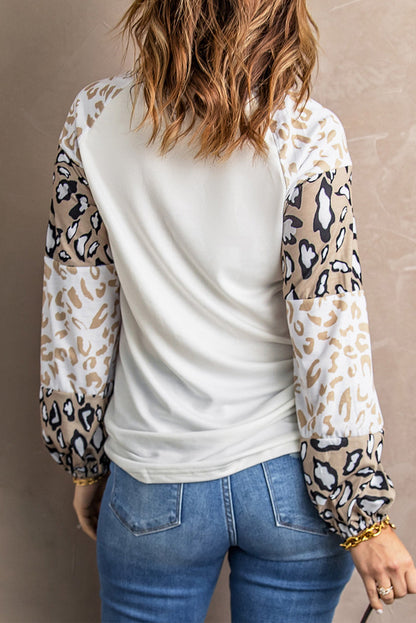 Leopard Color Block Crew Neck Long Sleeve Blouse