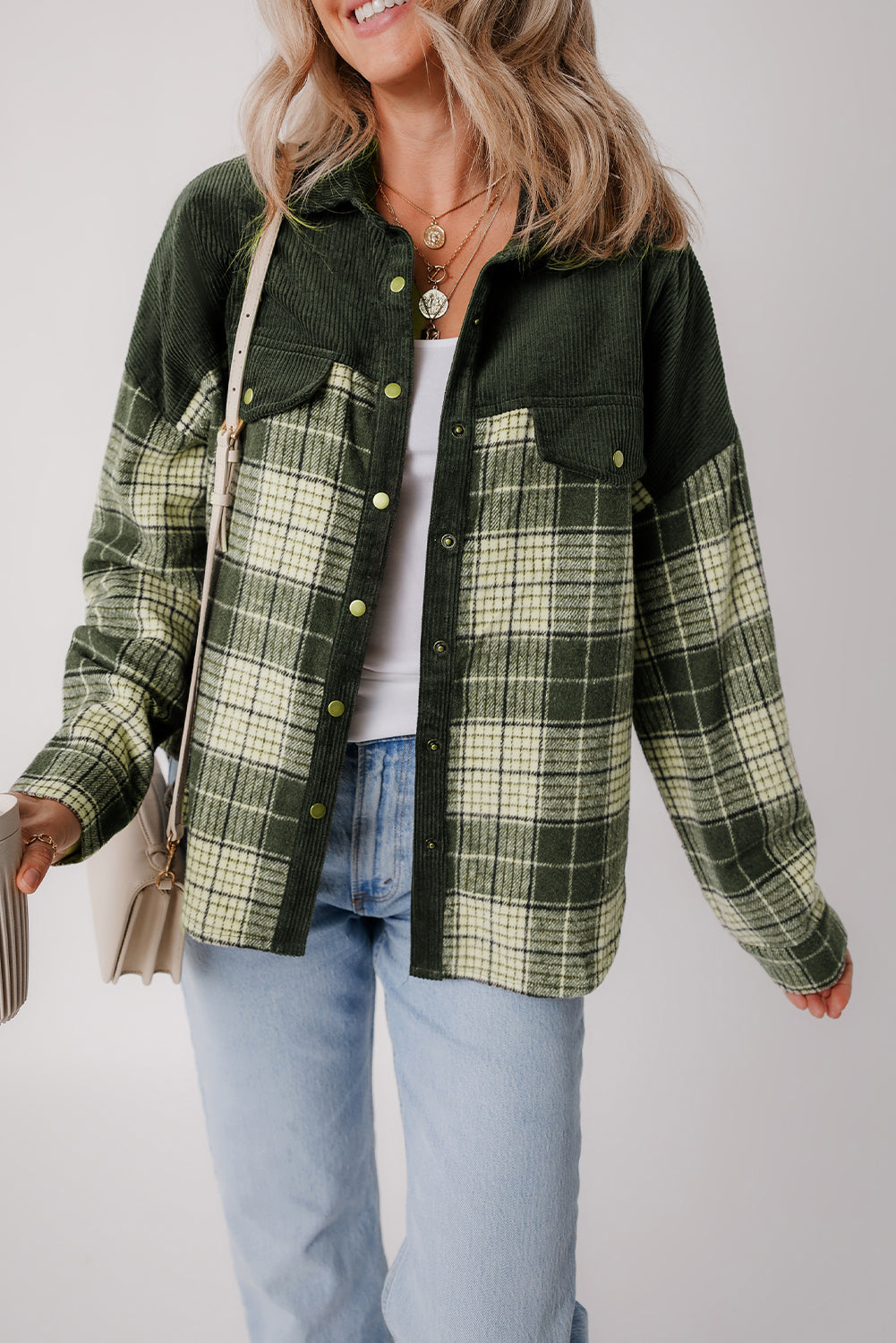 Blackish Green Snap Buttons Colorblock Plaid Shacket