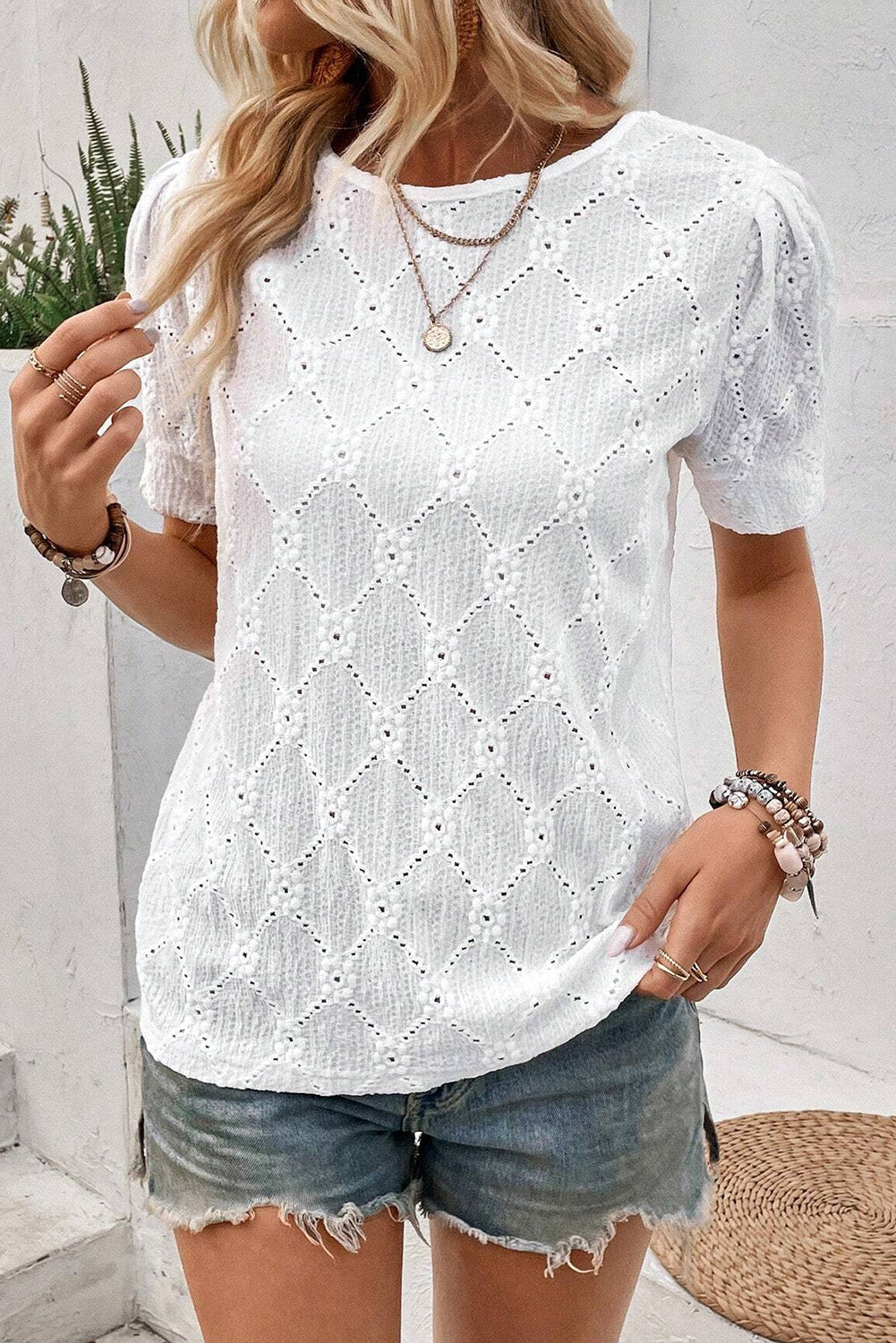 White Eyelet Embroidered Short Puff Sleeve Top