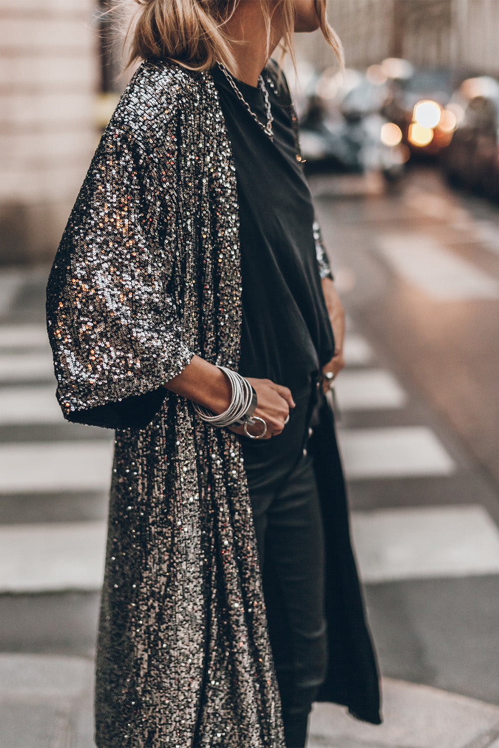 Silvery Sequin 3/4 Sleeve Kimono