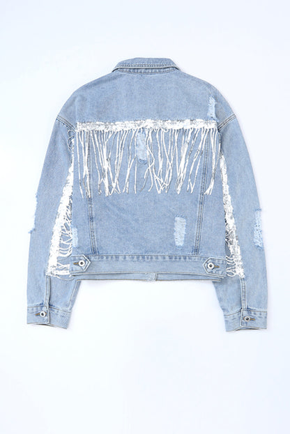 Sky Blue Sequin Embellished Fringe Distressed Denim Jacket