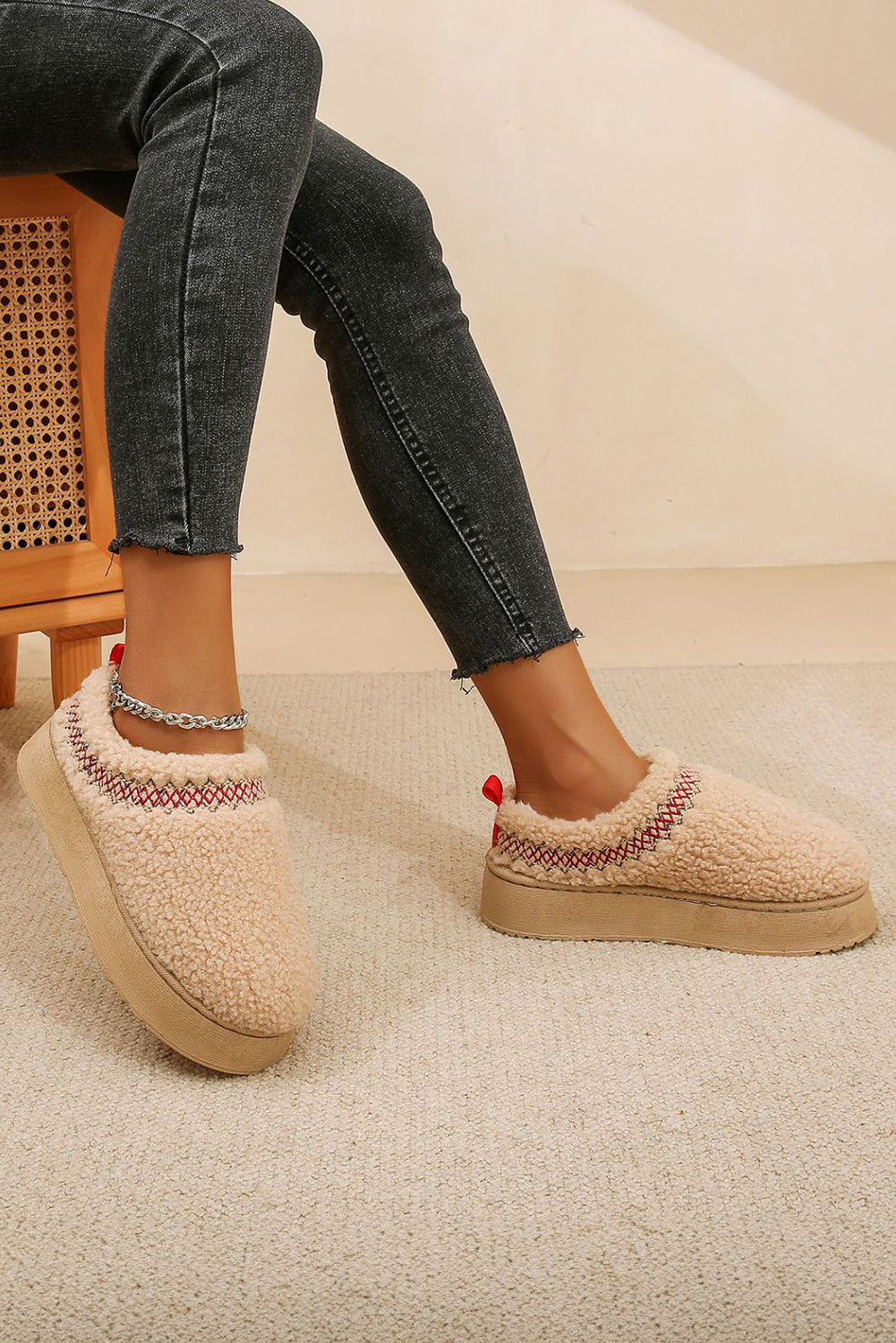 Oatmeal Embroidered Sherpa Plush Thick Sole Snow Boots