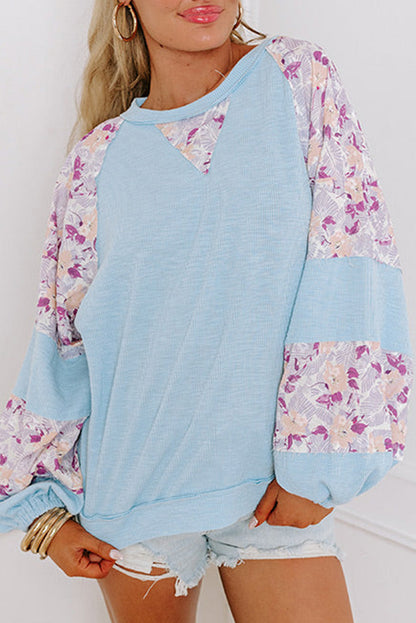 Beau Blue Textured Floral Patchwork Balloon Sleeve Blouse