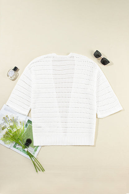 White Pointelle Knit Bracelet Sleeve Open Cardigan