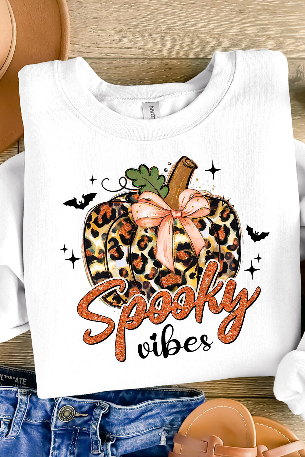 Beige Spooky Leopard Pumpkin Print Crew Neck Sweatshirt