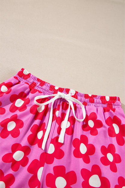 Pink Flower Print Long Sleeve Shirt Shorts Pajamas Set