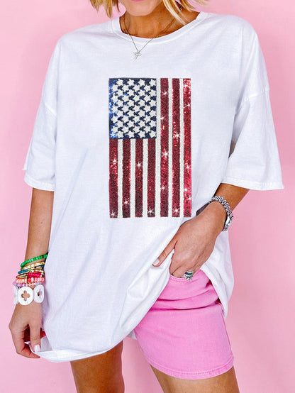 American Pride Sequined White Flag Oversized Crewneck Tee