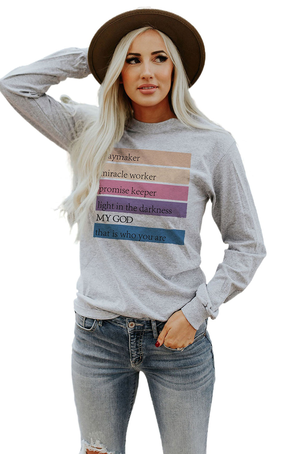 Gray MAY GOD Positive Words Print Long Sleeve Top