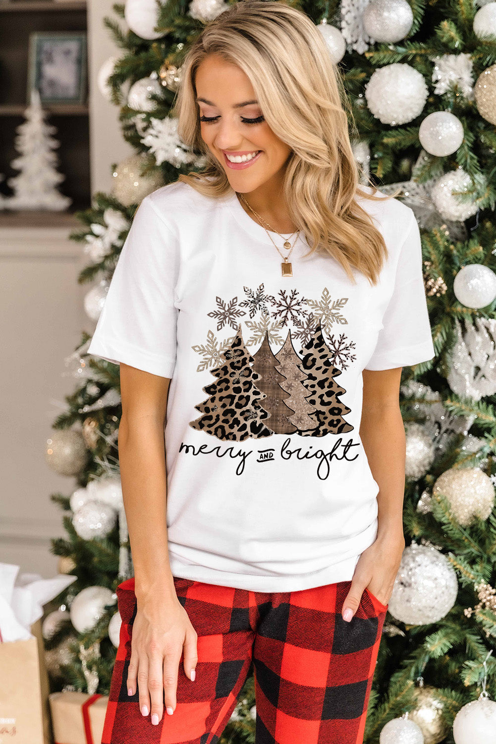 White Leopard Christmas Tree Graphic Crew Neck T Shirt