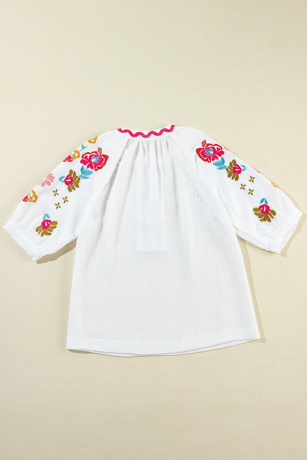 White Floral Embroidered Ricrac Puff Sleeve Textured Blouse