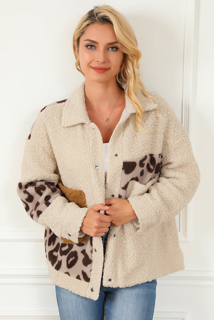 Beige Leopard Patchwork Snap Buttons Sherpa Jacket