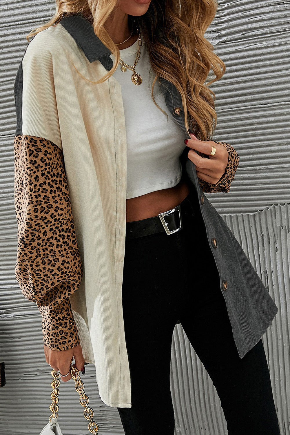 Gray Color Block Leopard Patched Corduroy Shacket