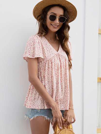 T-Shirts - V-Neck Floral Printed Pattern Short Sleeve Loose Casual T-Shirt - MsDressly