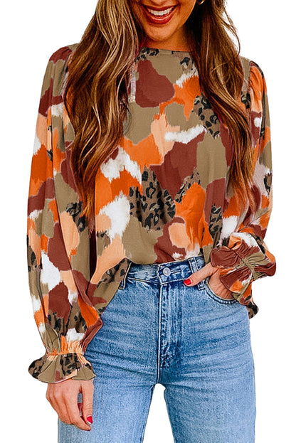 Abstract Leopard Print Puffy Sleeve Blouse